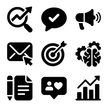 A collection of nine black solid icons representing digital marketing concepts like SEO, communication, advertising, email marketing, targeting, strategy, content, social media, and growth.