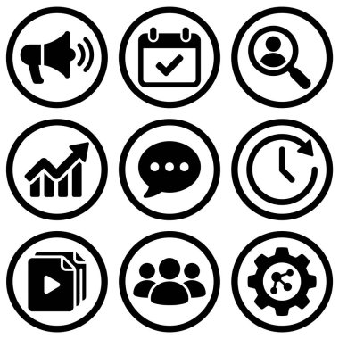 Pazarlama, zamanlama, kullanıcı araması, büyüme, iletişim, zaman, medya, takım çalışması ve teknoloji gibi kavramları temsil eden dokuz dairesel siyah beyaz simge koleksiyonu.