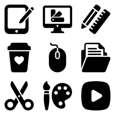 Bir tablet, bilgisayar, sanat malzemeleri ve web ve uygulama tasarımı için ofis malzemeleri gibi yaratıcı araçları temsil eden dokuz basit siyah kabartma simgesi koleksiyonu.