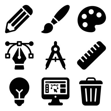 Bir kalem, boya fırçası, palet, kalem aracı, pusula, cetvel, ampul, bilgisayar ve çöp tenekesi gibi sanat ve grafik tasarımı ile ilgili dokuz siyah katı simge koleksiyonu..