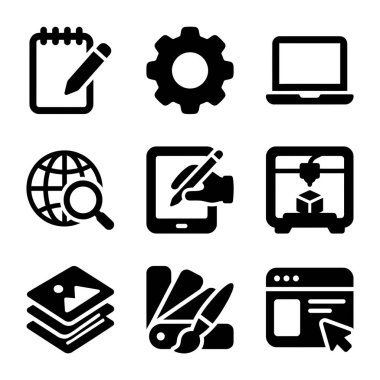 Üç boyutlu baskı, dijital çizim, web tasarımı ve proje planlaması da dahil olmak üzere teknolojiyi ve yaratıcılığı temsil eden dokuz basit siyah katı simge koleksiyonu, beyaz bir arkaplanda izole edilmiş..