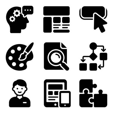 Kullanıcı araştırmaları, kablo grafikleri, ilgili tasarım, yaratıcı süreç ve proje iş akışı dahil olmak üzere UI ve UX tasarımlarındaki kavramları temsil eden dokuz siyah sembol koleksiyonu.