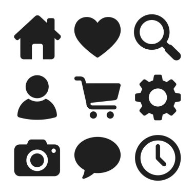 UI tasarımı için ev, kalp, arama, kullanıcı, el arabası, ayarlar, kamera, mesaj ve saat sembollerini içeren dokuz temel siyah siluet simgesi koleksiyonu.