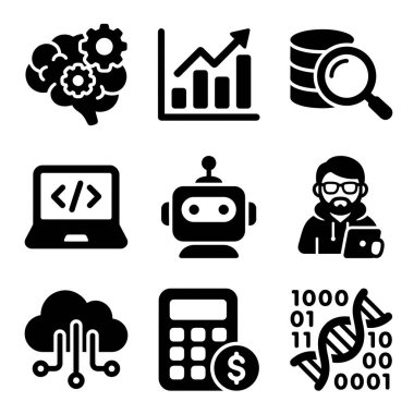 Veri analizi, yapay zeka, programlama, bulut hesaplama, biyoenformatik ve finansal teknoloji gibi kavramları temsil eden siyah simgelerden oluşan bir koleksiyon..