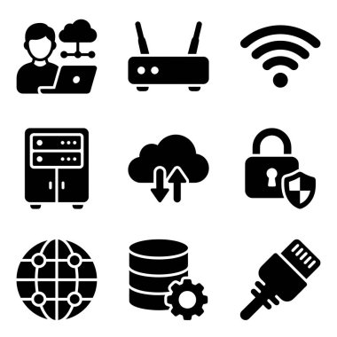 Bulut bilgisayarı, sunucu, veritabanı, kablosuz ağ, yönlendirici, güvenlik ve küresel ağ gibi internet teknolojisi kavramlarını temsil eden dokuz siyah simge koleksiyonu.