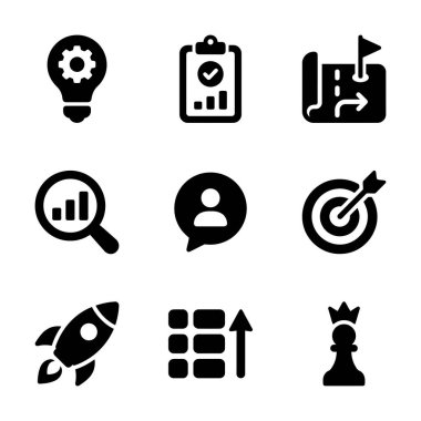 Strateji, analiz, amaç, fırlatma ve liderlik gibi ticari kavramları temsil eden dokuz basit siyah ikondan oluşan bir koleksiyon. Beyaz arkaplanda izole edilmiş, ağ ve mobil arayüzler için mükemmel.