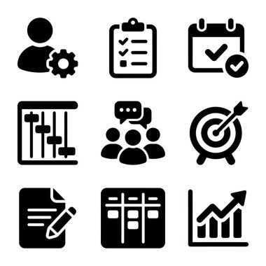 Beyaz bir arka planda izole edilmiş dokuz siyah simge iş konseptini temsil ediyor. Planlama, takım çalışması, hedefler, programlama ve analitik..