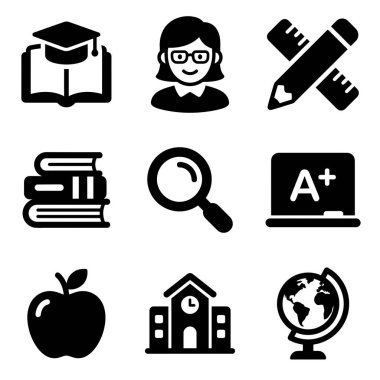 Öğrenme, öğretme, okul ve akademik başarı gibi eğitim temalarını temsil eden dokuz düz dizayn ikonundan oluşan bir koleksiyon. Kitap, öğretmen, dünya ve elma sembolleri içerir.
