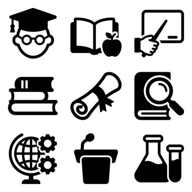 Bir mezun, kitap, diploma, dünya, deney tüpü ve üniversite temaları için kürsü de dahil olmak üzere eğitim ve bilim ile ilgili dokuz vektör ikonundan oluşan bir koleksiyon..