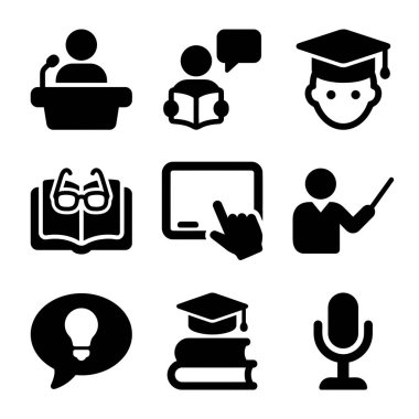 Okul, üniversite ve öğrenci, öğretmen, kitap, mezuniyet şapkası ve sunum sembolleri de dahil olmak üzere çevrimiçi öğrenim temalarını temsil eden dokuz vektör simgesi koleksiyonu.