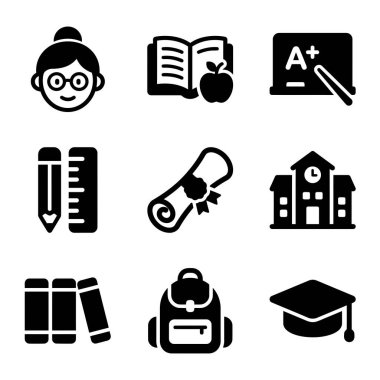 Bir öğretmen, kitap, diploma, okul binası, sırt çantası ve mezuniyet şapkası da dahil olmak üzere eğitim temalarını temsil eden dokuz basit siyah vektör simgesi koleksiyonu.