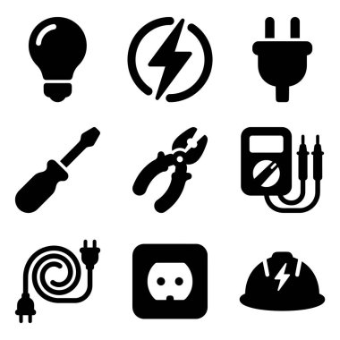 Elektrik işini temsil eden dokuz katı siyah kabartma simgesi koleksiyonu. Ampul, prize, soket, multimetre, pense, tornavida ve güvenlik kaskı da dahil..