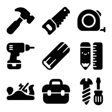 Bir çekiç, testere, matkap ve alet kutusu gibi ahşap işçiliği ve inşa araçlarını temsil eden dokuz siyah beyaz simge koleksiyonu, DIY veya inşaat teması için mükemmel.