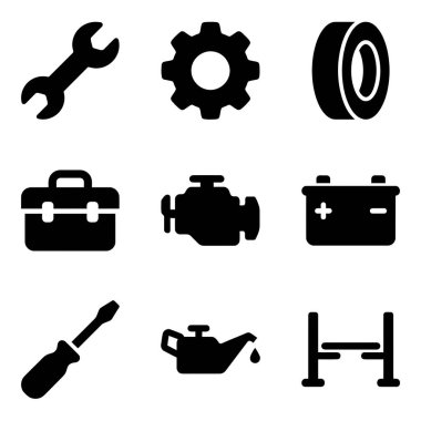 Bir anahtar, dişli, lastik, motor, pil ve alet kutusu da dahil olmak üzere dokuz basit siyah siluet simgesi koleksiyonu.
