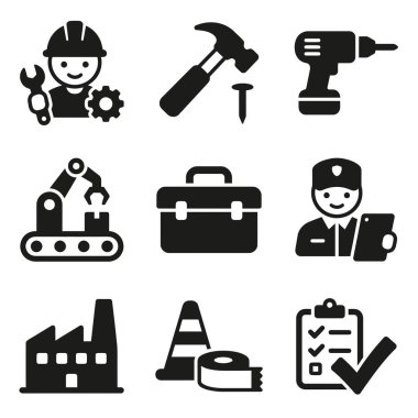 Bir işçi, çekiç ve matkap gibi araçlar, bir fabrika, robotik kol ve görevler için bir kontrol listesi de dahil olmak üzere sanayi temalarını temsil eden dokuz basit simge koleksiyonu..