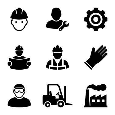 İşçiler, güvenlik ekipmanları, makineler ve fabrikalar gibi endüstriyel temaları temsil eden dokuz basit sembol koleksiyonu. Tasarım kullanımı için izole.