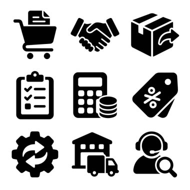 A collection of nine black solid icons representing various aspects of e-commerce including shopping cart, delivery, finance, customer support, and warehouse logistics.