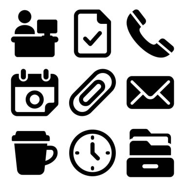 Saf siyah kabartma tarzında dokuz temel ofis ve işyeri simgesinden oluşan bir koleksiyon. Beyaz arkaplan üzerinde iletişim, zamanlama, belge ve organizasyon sembolleri içerir.