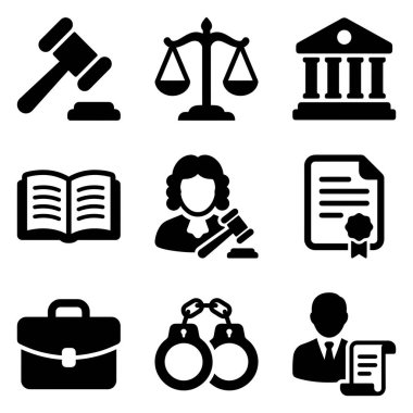 Adalet, mahkeme, hukuk, suç ve ceza gibi hukuki kavramları temsil eden dokuz yassı tasarım ikonundan oluşan bir derleme..