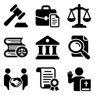 Bir tokmak, adalet terazisi, adliye binası, hukuk kitapları ve beyaz bir arkaplan üzerine yasal belgeler de dahil olmak üzere hukuk sistemi için dokuz yassı tasarım simgesi..