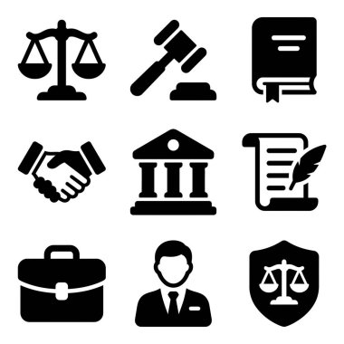 Adalet, mahkeme, hukuk ve avukatlar gibi hukuki kavramları temsil eden dokuz vektör ikonu. Pul, tokmak, kitap, tokalaşma ve adliye sembolleri içerir.
