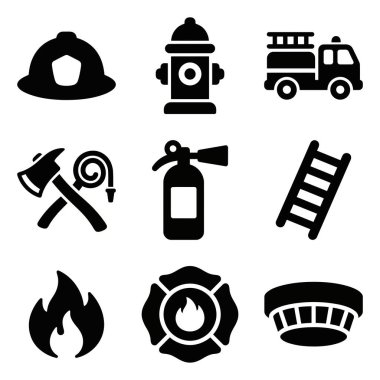 İtfaiye ekipmanı ve sembolleri temsil eden dokuz siyah katı ikondan oluşan bir koleksiyon. İçinde kask, yangın musluğu, itfaiye kamyonu, balta, yangın söndürücü, merdiven, alev, rozet ve duman dedektörü var..