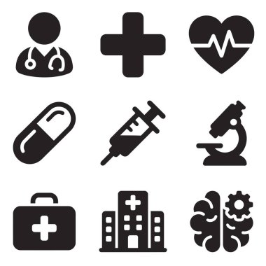 Bir doktor, hastane, ilk yardım çantası, şırınga, hap ve mikroskop da dahil olmak üzere dokuz temel tıbbi ikondan oluşan bir koleksiyon, web ve uygulama tasarımı için beyaz bir arkaplanda izole edilmiş..
