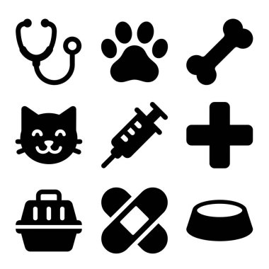 Beyaz bir zemin üzerinde steteskop, pençe izi, kedi, şırınga ve tıbbi haç gibi veteriner ve hayvan sağlığı kavramlarını temsil eden dokuz katı siyah ikondan oluşan bir koleksiyon..