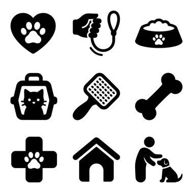 Hayvan servisleri için bir dizi düz tasarım ikonu. Aşk, yürüyüş, beslenme, tımar, veteriner bakımı ve kedi-köpek barınağı sembolleri içerir.