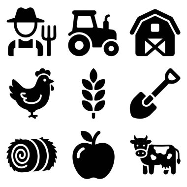 Çiftçiliği ve tarımı temsil eden dokuz basit siyah sembolden oluşan bir koleksiyon. Bir çiftçi, traktör, ahır, tavuk, buğday, kürek, saman balyası, elma ve inek içerir..
