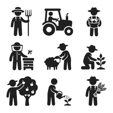 Çiftçiliği ve tarımı temsil eden dokuz siyah siluet simgesi. İçinde yaba, traktör, arı yetiştiricisi, koyun kırpma, ekme, elma biçme, sulama ve buğday tutan bir çiftçi var..