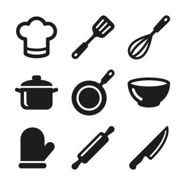 Dokuz temel mutfak ve aşçı şapkası, spatula, çırpı, tencere, kase, fırın eldiveni, merdane iğnesi ve bıçak gibi yemek ikonlarından oluşan bir koleksiyon. Basit vektör grafik tasarımı.