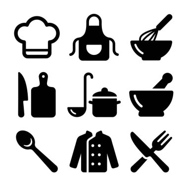 Dokuz temel yemek ve aşçılıkla ilgili ikon koleksiyonu. Aşçı şapkası, önlük, çırpı, kesim tahtası, esrar, havan topu, kaşık, ceket ve çatal bıçak takımı içerir..