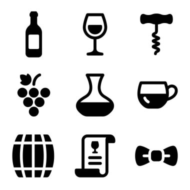 Dokuz şarap temalı sembollü vektör grafik seti. İçinde şişe, bardak, tirbuşon, üzüm, sürahi, fıçı ve menü var. Restoran veya şarap markası için mükemmel..