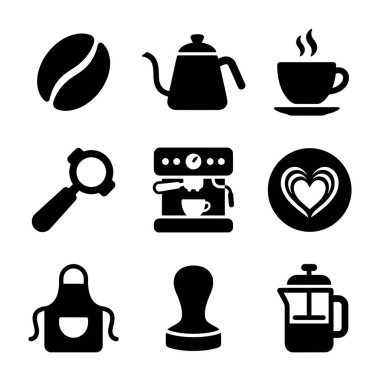 Kahve hazırlama, kahve makinesi, kahve çekirdeği, su ısıtıcısı, iskele filtresi, kurcalayıcı ve Fransız presi içeren dokuz siyah vektör ikonundan oluşan bir koleksiyon..