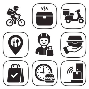 Kurye, ulaşım, konum ve zamanlama unsurları da dahil olmak üzere çevrimiçi gıda sipariş ve teslimat hizmetlerinin çeşitli yönlerini temsil eden dokuz siyah katı simge koleksiyonu.