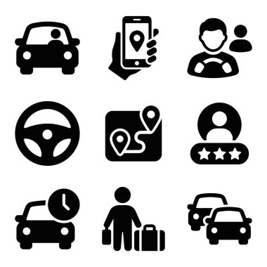 Araba, mobil uygulama, sürücü, navigasyon haritası, derecelendirme, bekleme zamanı, yolcu ve trafik dahil olmak üzere araç paylaşım hizmetlerini temsil eden koyu siyah simgelerin bir koleksiyonu.