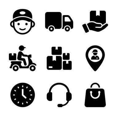 Bir kurye, kamyon, scooter, paketler, konum takibi, müşteri destek kulaklığı, saat ve alışveriş çantası gibi teslimat hizmetlerini temsil eden dokuz simge koleksiyonu..