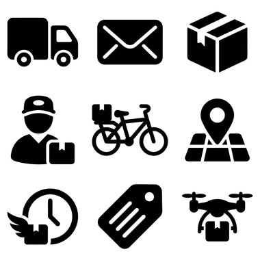 Teslimat ve nakliye hizmetleri için dokuz siyah simge koleksiyonu. Kamyon, posta, paket, kurye, bisiklet, harita pin, hızlı zaman, fiyat etiketi ve insansız hava aracı simgelerini içerir.