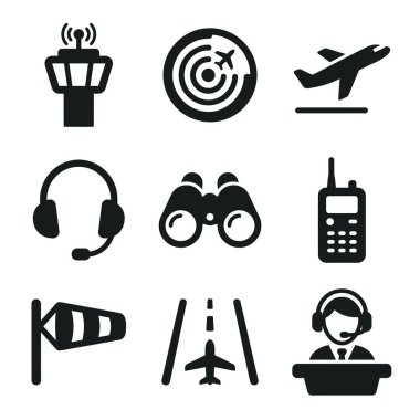 Bir kontrol kulesi, radar, uçak kalkışı, kulaklık ve hava trafik kontrol sembolü de dahil olmak üzere havacılık ve havaalanı yönetimiyle ilgili katı siyah vektör simgelerinin bir koleksiyonu.