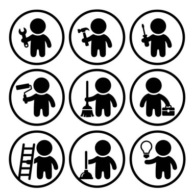 Fikirler için anahtar, çekiç, boya silindiri, süpürge, merdiven ve ampul gibi çeşitli araçlarla stilize edilmiş figürleri tasvir eden dokuz dairesel siyah beyaz simge koleksiyonu..