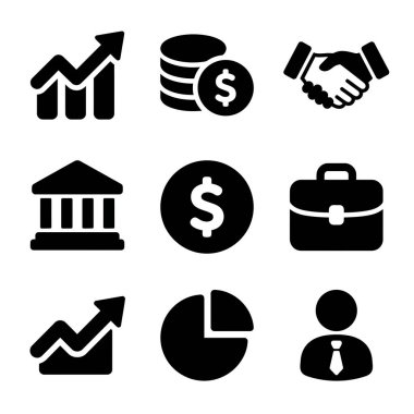 Beyaz arka planda izole edilmiş dokuz basit iş ve finans ikonundan oluşan bir koleksiyon. Büyüme grafikleri, para, bankacılık, ortaklık ve veri analizleri için web ve mobil tasarım için mükemmel semboller içerir.