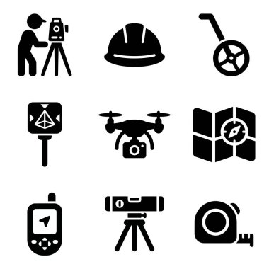 Bir teodolit, drone, GPS, seviye ve kartografi ve inşaat projeleri için bant ölçüm bandı da dahil olmak üzere arazi inceleme araçlarını ve ekipmanlarını temsil eden siyah katı simgelerin bir derlemesi.