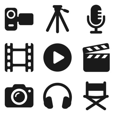 Kamera, tripod, mikrofon, film şeridi, klavye ve yönetmen koltuğu gibi film yapma ekipmanlarını temsil eden dokuz basit simge koleksiyonu..