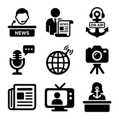 A collection of simple black glyph icons representing news reporting, journalism, and media broadcasting, including a news anchor, camera, microphone, and newspaper.