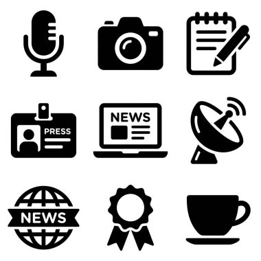 A collection of nine solid black icons representing journalism and media, including a microphone, camera, press pass, laptop, and satellite dish for news and reporting concepts.