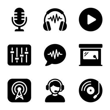 Bir mikrofon, kulaklık, çalma tuşu, ses karıştırıcı, sesli mesaj, stüdyo kabini, radyo kulesi, operatör ve vinil kayıt dahil olmak üzere dokuz siyah simgenin oluşturduğu bir koleksiyon..