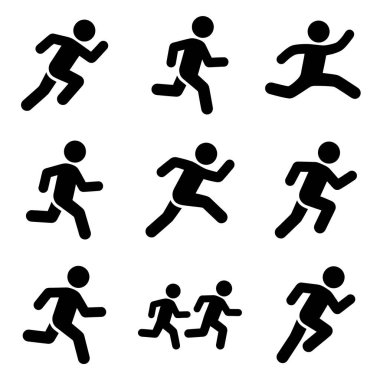 Farklı koşma ve koşu hareketlerinde insan figürlerini gösteren dokuz basit siyah resim seti. Beyaz arka planda izole, spor, spor, spor ve sağlık kavramları için ideal.