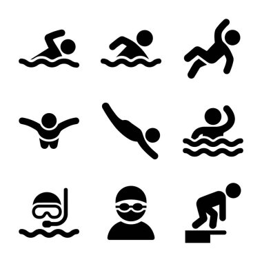 Farklı yüzme stillerini, dalışları, şnorkelleri ve diğer su aktivitelerini temsil eden dokuz siyah vektör ikonundan oluşan bir koleksiyon. Spor ve eğlence kavramları için basit resim grafikleri.