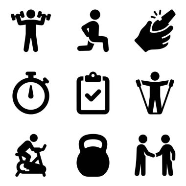 Halter, halter, kardiyo ve kişisel eğitim gibi spor faaliyetlerini temsil eden siyah beyaz ikonlar koleksiyonu. Yaralanma, kronometre, kontrol listesi ve spor aletleri sembolleri içerir.